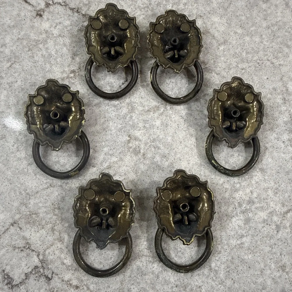 6 Vintage Brass Lion Head Dresser Chest Drawer Knob Cabinet Pull Patina 3D READ